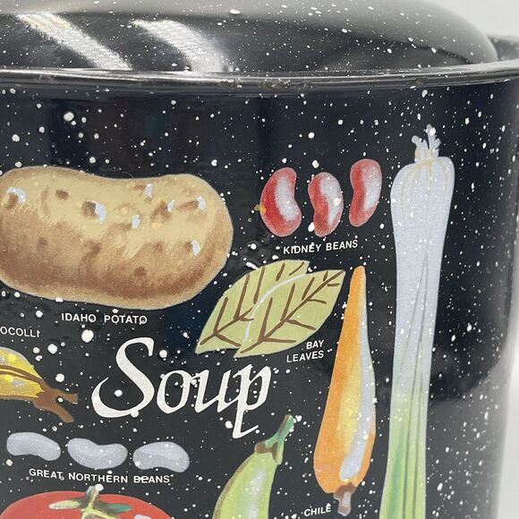 Vintage Hand Painted Black Speckled Enamelware Soup Pot Stock Pot Decor LID - Picture 2 of 13